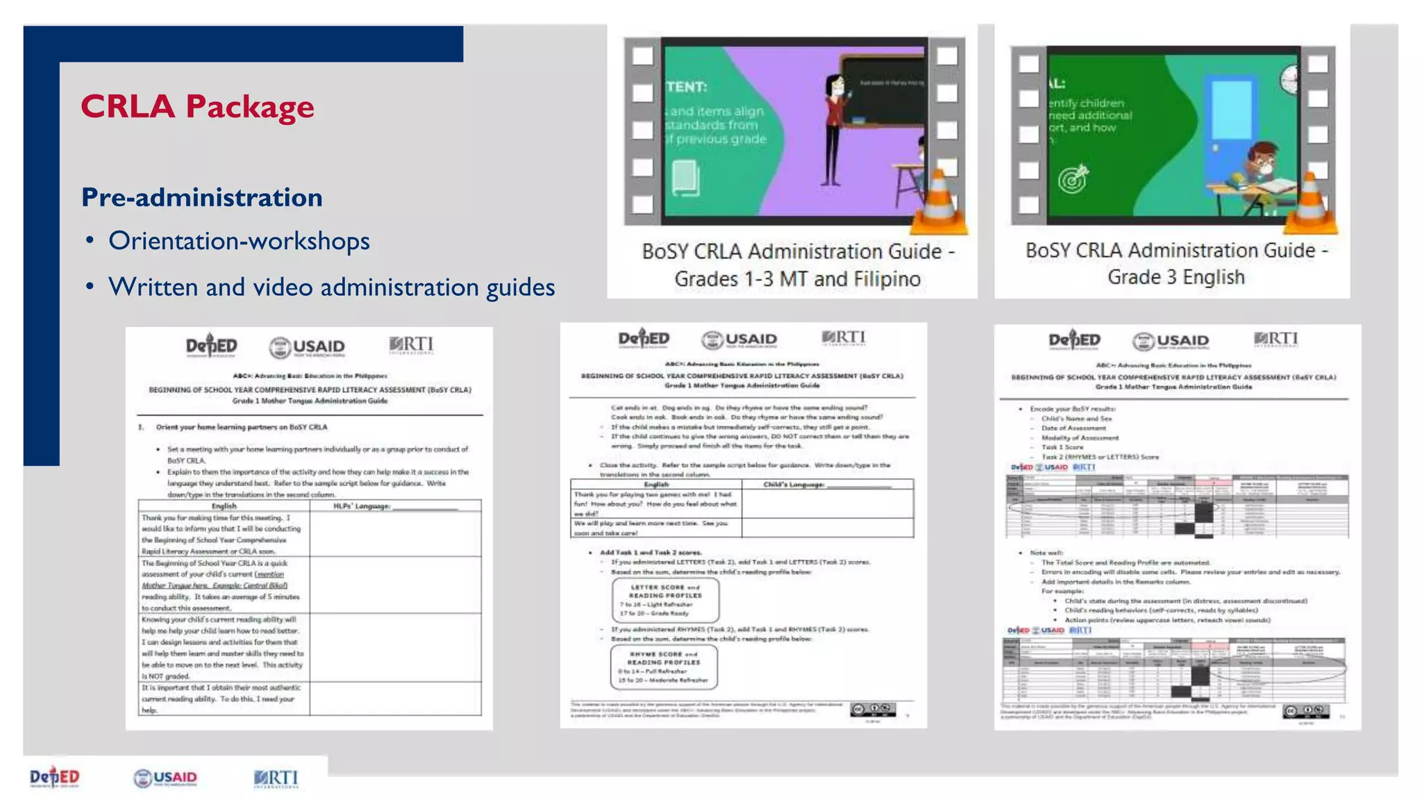 CRLA Package
Pre-administration
• Orientation-workshops
• Written and video administration guides
 