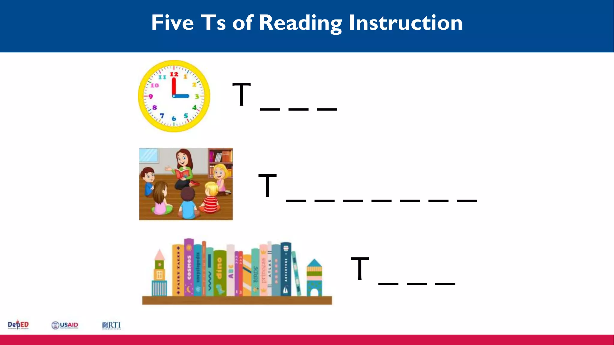 Five Ts of Reading Instruction
T _ _ _
T _ _ _ _ _ _ _
T _ _ _
 