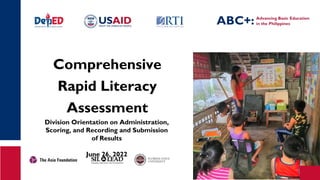 Comprehensive
Rapid Literacy
Assessment
Division Orientation on Administration,
Scoring, and Recording and Submission
of Results
June 26, 2022
 