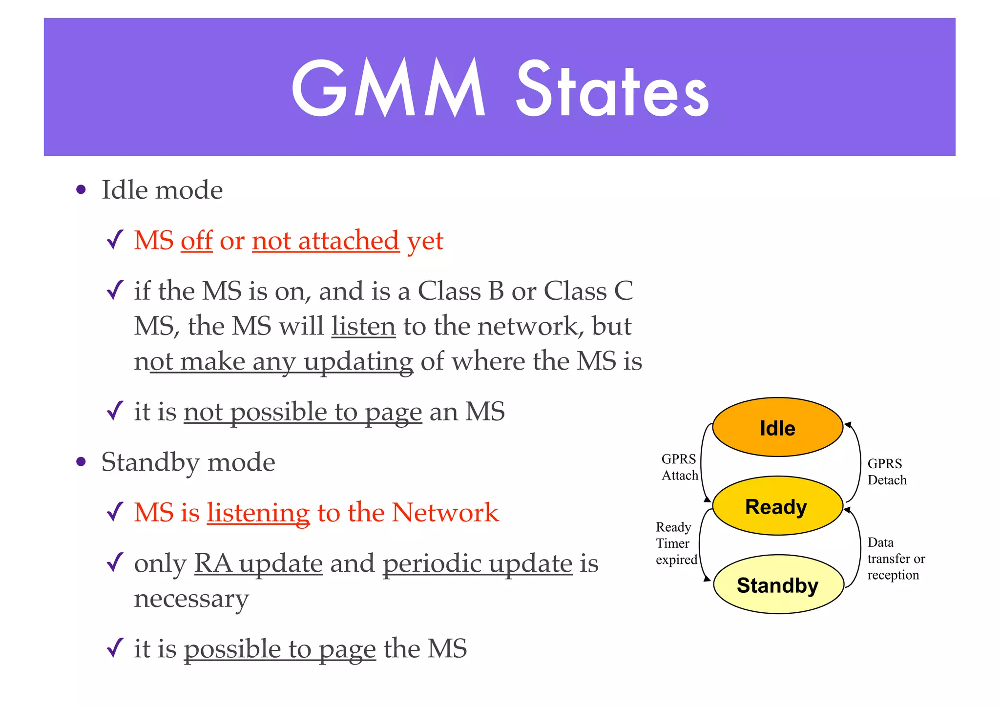 GMM States
• Idle mode
✓ MS off or not attached yet
✓ if the MS is on, and is a Class B or Class C
MS, the MS will listen to the network, but
not make any updating of where the MS is
✓ it is not possible to page an MS
• Standby mode
✓ MS is listening to the Network
✓ only RA update and periodic update is
necessary
✓ it is possible to page the MS
Idle
Ready
Standby
GPRS
Attach
GPRS
Detach
Ready
Timer
expired
Data
transfer or
reception
 