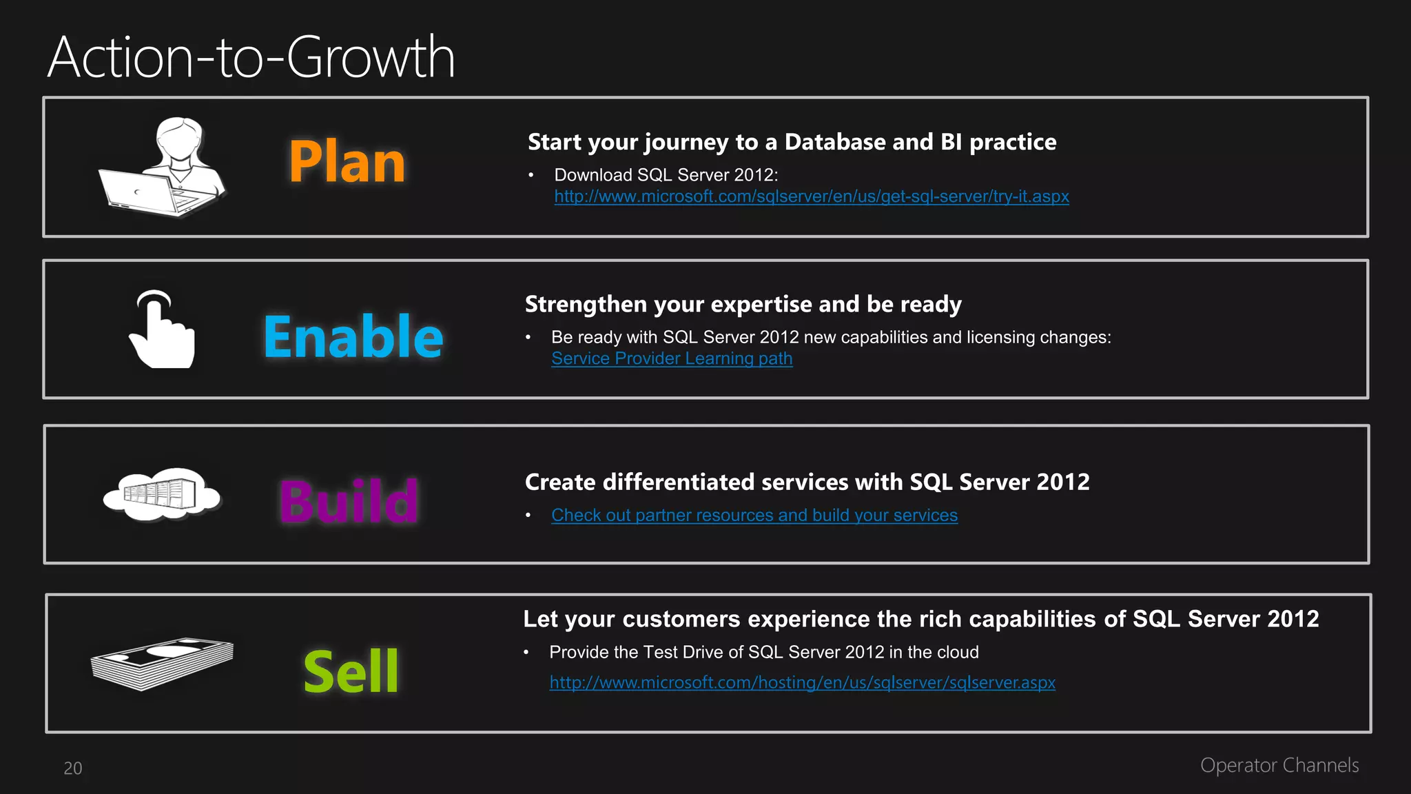 Start your journey to a Database and BI practice




     Strengthen your expertise and be ready




     Create differentiated services with SQL Server 2012




       http://www.microsoft.com/hosting/en/us/sqlserver/sqlserver.aspx



20
 
