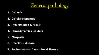 General pathology
1. Cell unit
2. Cellular responses
3. Inflammation & repair
4. Hemodynamic disorders
5. Neoplasia
6. Infectious disease
7. Environmental & nutritional disease
 