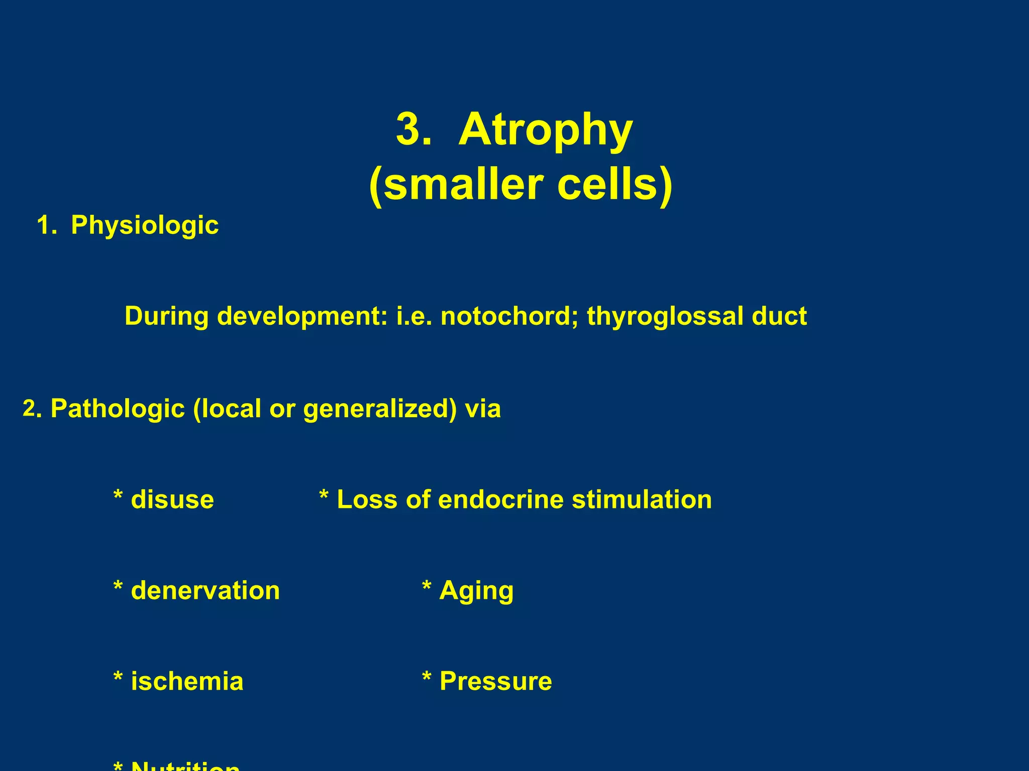 3. Atrophy
                            (smaller cells)
 1. Physiologic


        During development: i.e. notochord; thyroglossal duct


2. Pathologic (local or generalized) via


       * disuse         * Loss of endocrine stimulation


       * denervation             * Aging


       * ischemia                * Pressure
 