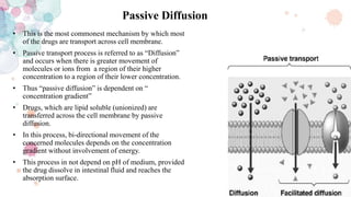 Passive Diffusion
• This is the most commonest mechanism by which most
of the drugs are transport across cell membrane.
• Passive transport process is referred to as “Diffusion”
and occurs when there is greater movement of
molecules or ions from a region of their higher
concentration to a region of their lower concentration.
• Thus “passive diffusion” is dependent on “
concentration gradient”
• Drugs, which are lipid soluble (unionized) are
transferred across the cell membrane by passive
diffusion.
• In this process, bi-directional movement of the
concerned molecules depends on the concentration
gradient without involvement of energy.
• This process in not depend on pH of medium, provided
the drug dissolve in intestinal fluid and reaches the
absorption surface.
 