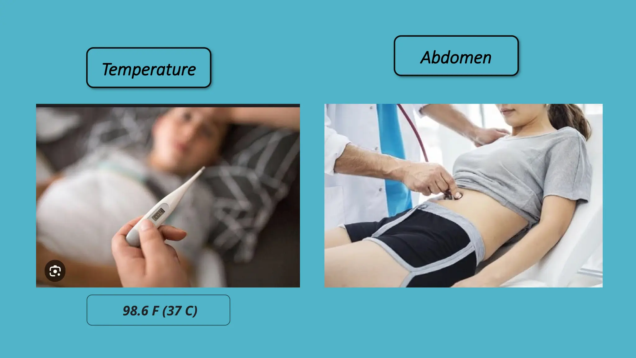 Temperature
Abdomen
98.6 F (37 C)
 