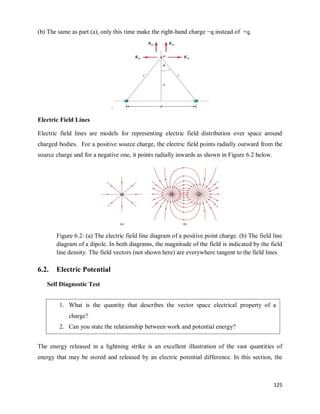 125
(b) The same as part (a), only this time make the right-hand charge −q instead of +q.
.
Electric Field Lines
Electric field lines are models for representing electric field distribution over space around
charged bodies. For a positive source charge, the electric field points radially outward from the
source charge and for a negative one, it points radially inwards as shown in Figure 6.2 below.
Figure 6.2: (a) The electric field line diagram of a positive point charge. (b) The field line
diagram of a dipole. In both diagrams, the magnitude of the field is indicated by the field
line density. The field vectors (not shown here) are everywhere tangent to the field lines
6.2. Electric Potential
Self Diagnostic Test
The energy released in a lightning strike is an excellent illustration of the vast quantities of
energy that may be stored and released by an electric potential difference. In this section, the
1. What is the quantity that describes the vector space electrical property of a
charge?
2. Can you state the relationship between work and potential energy?
 