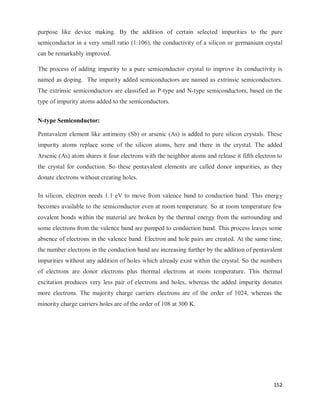 152
purpose like device making. By the addition of certain selected impurities to the pure
semiconductor in a very small ratio (1:106), the conductivity of a silicon or germanium crystal
can be remarkably improved.
The process of adding impurity to a pure semiconductor crystal to improve its conductivity is
named as doping. The impurity added semiconductors are named as extrinsic semiconductors.
The extrinsic semiconductors are classified as P-type and N-type semiconductors, based on the
type of impurity atoms added to the semiconductors.
N-type Semiconductor:
Pentavalent element like antimony (Sb) or arsenic (As) is added to pure silicon crystals. These
impurity atoms replace some of the silicon atoms, here and there in the crystal. The added
Arsenic (As) atom shares it four electrons with the neighbor atoms and release it fifth electron to
the crystal for conduction. So these pentavalent elements are called donor impurities, as they
donate electrons without creating holes.
In silicon, electron needs 1.1 eV to move from valence band to conduction band. This energy
becomes available to the semiconductor even at room temperature. So at room temperature few
covalent bonds within the material are broken by the thermal energy from the surrounding and
some electrons from the valence band are pumped to conduction band. This process leaves some
absence of electrons in the valence band. Electron and hole pairs are created. At the same time,
the number electrons in the conduction band are increasing further by the addition of pentavalent
impurities without any addition of holes which already exist within the crystal. So the numbers
of electrons are donor electrons plus thermal electrons at room temperature. This thermal
excitation produces very less pair of electrons and holes, whereas the added impurity donates
more electrons. The majority charge carriers electrons are of the order of 1024, whereas the
minority charge carriers holes are of the order of 108 at 300 K.
 
