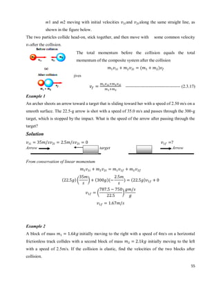 55
m1 and m2 moving with initial velocities and along the same straight line, as
shown in the figure below.
The two particles collide head-on, stick together, and then move with some common velocity
after the collision.
The total momentum before the collision equals the total
momentum of the composite system after the collision
( )
Solving for the final velocity gives
-------------------------------------- (2.3.17)
Example 1
An archer shoots an arrow toward a target that is sliding toward her with a speed of 2.50 m/s on a
smooth surface. The 22.5-g arrow is shot with a speed of 35.0 m/s and passes through the 300-g
target, which is stopped by the impact. What is the speed of the arrow after passing through the
target?
Solution
Arrow target Arrow
From conservation of linear momentum
( )( * ( )( ) ( )
( *
Example 2
A block of mass initially moving to the right with a speed of 4m/s on a horizontal
frictionless track collides with a second block of mass initially moving to the left
with a speed of 2.5m/s. If the collision is elastic, find the velocities of the two blocks after
collision.
 