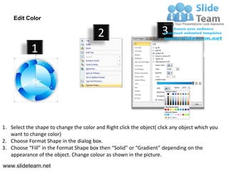 Edit Color

                                         2                           3
            1




1. Select the shape to change the color and Right click the object( click any object which you
   want to change color)
2. Choose Format Shape in the dialog box.
3. Choose “Fill” in the Format Shape box then “Solid” or “Gradient” depending on the
   appearance of the object. Change colour as shown in the picture.
www.slideteam.net
 