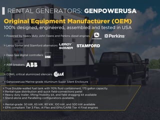 Original Equipment Manufacturer (OEM)
> Powered by heavy duty John Deere and Perkins diesel engines
> Leroy Somer and Stamford alternators
> Deep Sea digital controllers
> ABB breakers
> COWL critical aluminized silencers
> Genpowerusa Marine-grade Aluminum Super Silent Enclosure
> True Double-walled fuel tank with 110% fluid containment, 175 gallon capacity.
> Rental-type distribution and quick field-connections panel
> Heavy duty trailer, lifting/mobility kit, and field dragging kit available
> Stand-alone and Paralleling configurations available.
RENTAL GENERATORS: GENPOWERUSA
100% designed, engineered, assembled and tested in USA
> Rental-grade: 50 kW, 65 kW, 80 kW, 100 kW, and 500 kW available
> EPA compliant Tier 3 Flex, i4 Flex and EPA/CARB Tier 4 Final engines
 