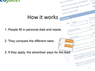 How it works

1. People fill in personal data and needs


2. They compare the different rates


3. If they apply, the advertiser pays for the lead



                                                     9
 