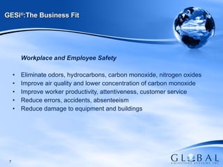 Workplace and Employee Safety Eliminate odors, hydrocarbons, carbon monoxide, nitrogen oxides  Improve air quality and lower concentration of carbon monoxide Improve worker productivity, attentiveness, customer service Reduce errors, accidents, absenteeism Reduce damage to equipment and buildings  GESi ® :The Business Fit 