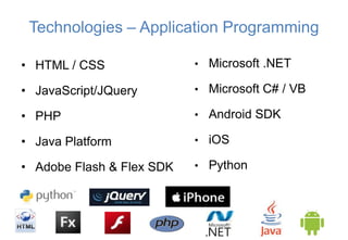 Technologies – Application Programming

• HTML / CSS               • Microsoft .NET

• JavaScript/JQuery        • Microsoft C# / VB

• PHP                      • Android SDK

• Java Platform            • iOS

• Adobe Flash & Flex SDK   • Python
 