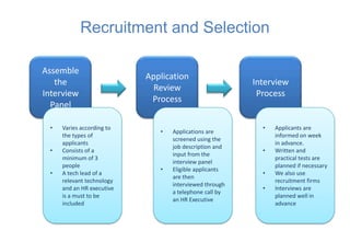 Recruitment and Selection

Assemble
                           Application
   the                                                  Interview
                             Review
Interview                                                Process
                            Process
  Panel

 •   Varies according to                                  •   Applicants are
                              •   Applications are
     the types of                                             informed on week
                                  screened using the
     applicants                                               in advance.
                                  job description and
 •   Consists of a                                        •   Written and
                                  input from the
     minimum of 3                                             practical tests are
                                  interview panel
     people                                                   planned if necessary
                              •   Eligible applicants
 •   A tech lead of a                                     •   We also use
                                  are then
     relevant technology                                      recruitment firms
                                  interviewed through
     and an HR executive                                  •   Interviews are
                                  a telephone call by
     is a must to be                                          planned well in
                                  an HR Executive
     included                                                 advance
 