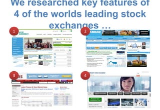 We researched key features of
4 of the worlds leading stock
1
        exchanges …
                2




3              4
 