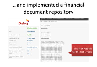 …and implemented a financial
   document repository




                        Full set of records
                       for the last 5 years
 