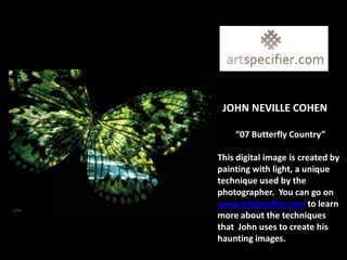 JOHN NEVILLE COHEN

    “07 Butterfly Country”

This digital image is created by
painting with light, a unique
technique used by the
photographer. You can go on
www.artspecifier.com to learn
more about the techniques
that John uses to create his
haunting images.
 