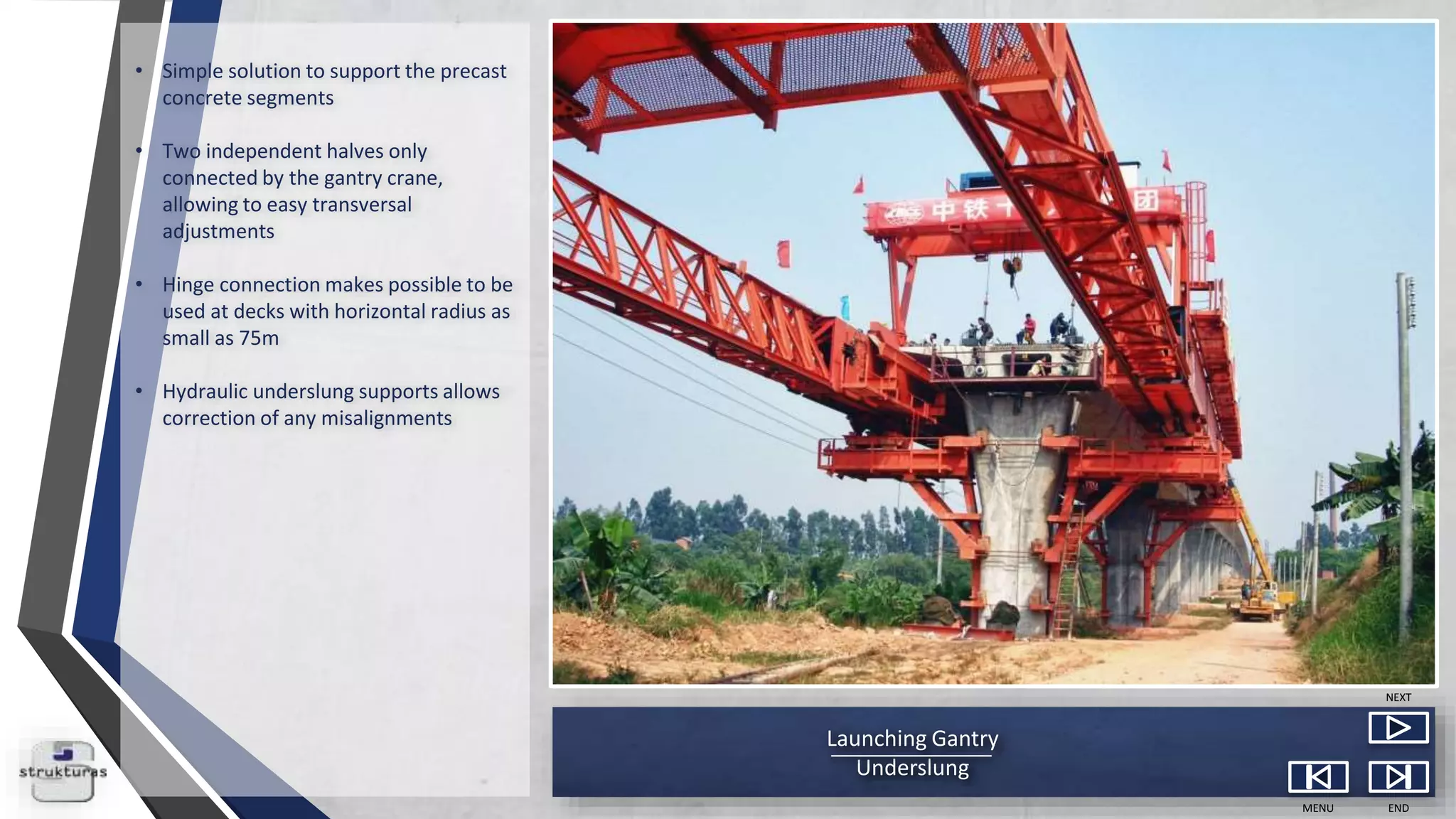 Launching Gantry
Underslung
MENU END
NEXT
• Simple solution to support the precast
concrete segments
• Two independent halves only
connected by the gantry crane,
allowing to easy transversal
adjustments
• Hinge connection makes possible to be
used at decks with horizontal radius as
small as 75m
• Hydraulic underslung supports allows
correction of any misalignments
 