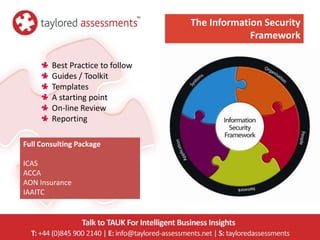 The Information Security
                                               Framework

        Best Practice to follow
        Guides / Toolkit
        Templates
        A starting point
        On-line Review
        Reporting

Full Consulting Package

ICAS
ACCA
AON Insurance
IAAITC
 