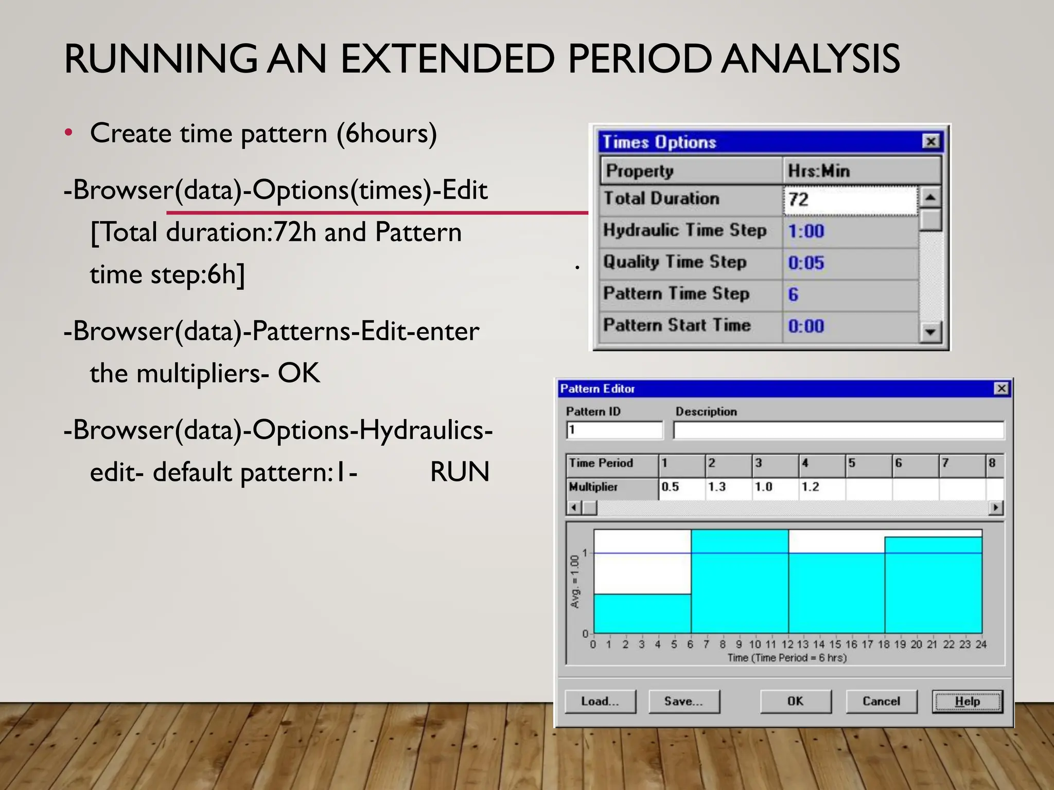 RUNNING AN EXTENDED PERIOD ANALYSIS
• Create time pattern (6hours)
-Browser(data)-Options(times)-Edit
[Total duration:72h and Pattern
time step:6h]
-Browser(data)-Patterns-Edit-enter
the multipliers- OK
-Browser(data)-Options-Hydraulics-
edit- default pattern:1- RUN
.
 