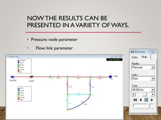 NOWTHE RESULTS CAN BE
PRESENTED IN AVARIETY OFWAYS.
• Pressure: node parameter
• Flow: link parameter
 