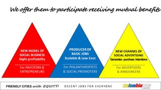 We offer them to participate receiving mutual benefits
FRIENDLY)CITIES with EQUITY! D E C E N T &J O B S &F O R & E V E R YO N E
 