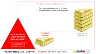 Benefits to	
  Investors and	
  Entrepreneurs
• They quintuply investment in	
  10	
  years
• Without having to	
  work in	
  the	
  operation
Franquiciable	
  de	
  
alta	
  rentabilidad
QUINTUPLICATE
MONTH	
  125
INVESTMENT
MONTH	
  0
FRIENDLY)CITIES with EQUITY! D E C E N T &J O B S &F O R & E V E R YO N E
 