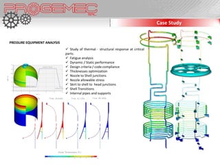 Case Study


PRESSURE EQUIPMENT ANALYSIS
                               Study of thermal - structural response at critical
                              parts.
                               Fatigue analysis
                               Dynamic / Static performance
                               Design criteria / code compliance
                               Thicknesses optimization
                               Nozzle to Shell junctions
                               Nozzle allowable stress
                               Skirt to shell to head junctions
                               Shell Transitions
                               Internal pipes and supports
 