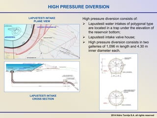 HIGH PRESSURE DIVERSION
LAPUSTESTI INTAKE
PLANE VIEW
LAPUSTESTI INTAKE
CROSS SECTION
High pressure diversion consists of:
 Lapustesti water intakes of polygonal type
are located in a trap under the elevation of
the reservoir bottom;
 Lapustesti intake valve house;
 High pressure diversion consists in two
galleries of 1,096 m length and 4.30 m
inner diameter each.
2014 Hidro Tarnița S.A. all rights reserved
 