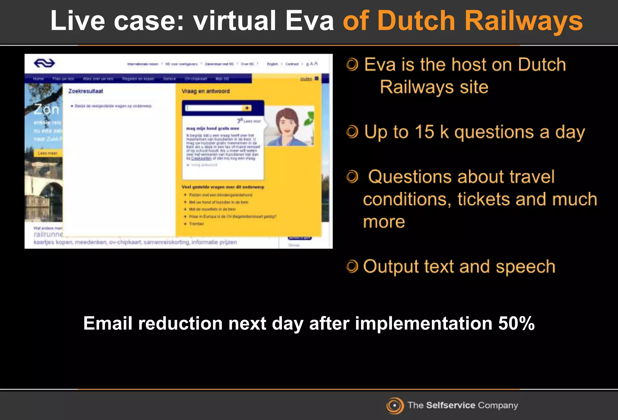 Live case: virtual Eva of Dutch Railways
Email reduction next day after implementation 50%
 