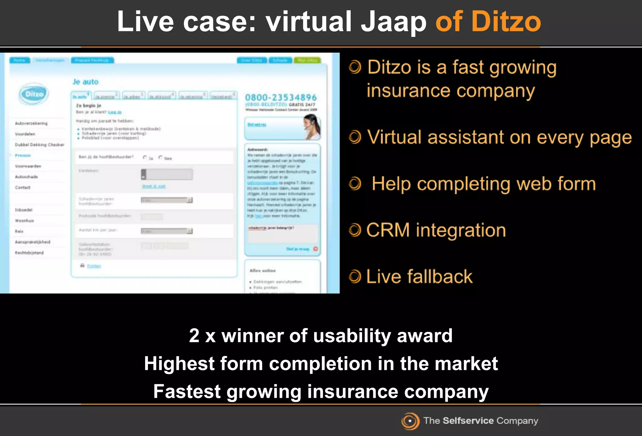 Live case: virtual Jaap of Ditzo
2 x winner of usability award
Highest form completion in the market
Fastest growing insurance company
 