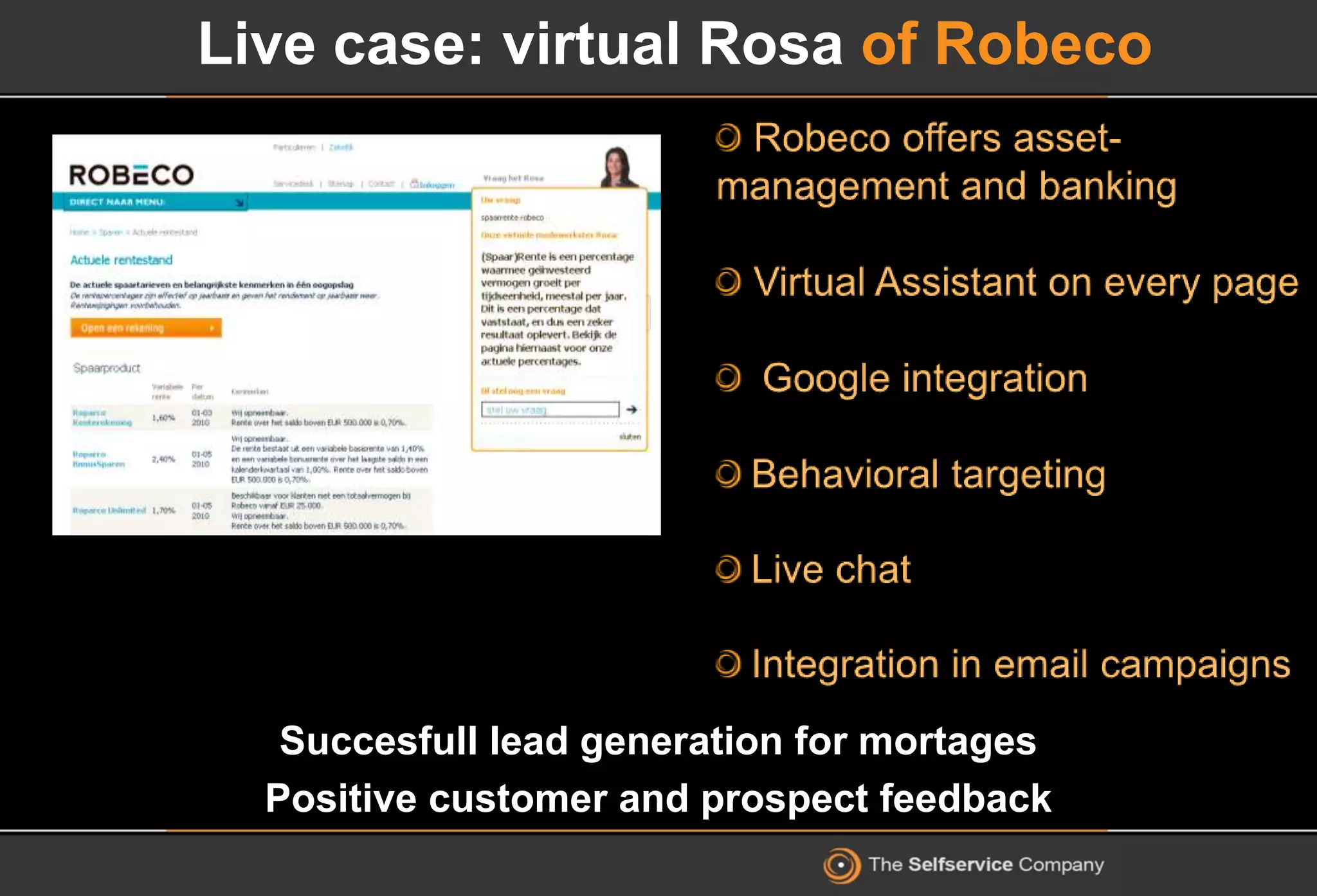 Live case: virtual Rosa of Robeco
Succesfull lead generation for mortages
Positive customer and prospect feedback
 