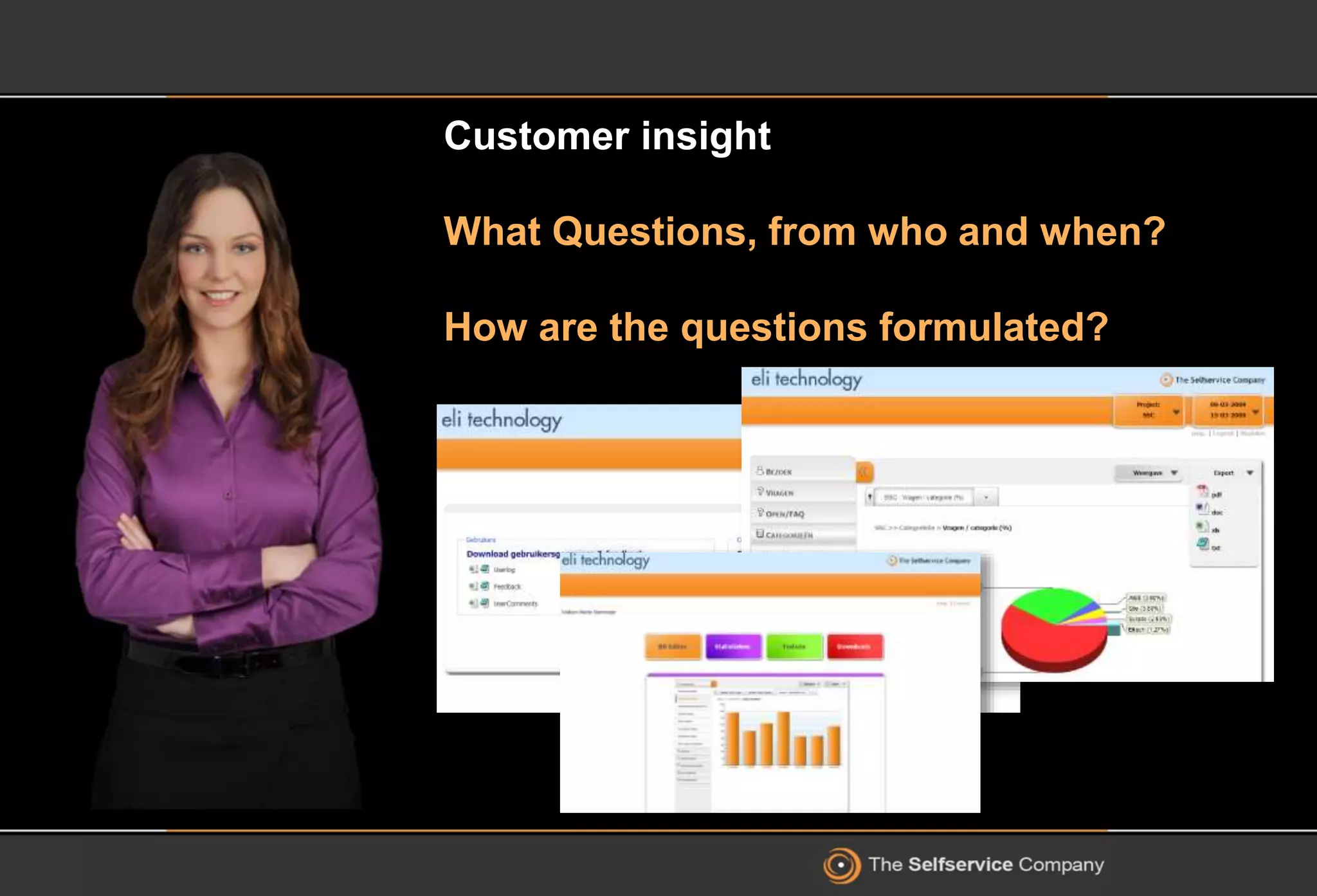 Customer insight
What Questions, from who and when?
How are the questions formulated?
 