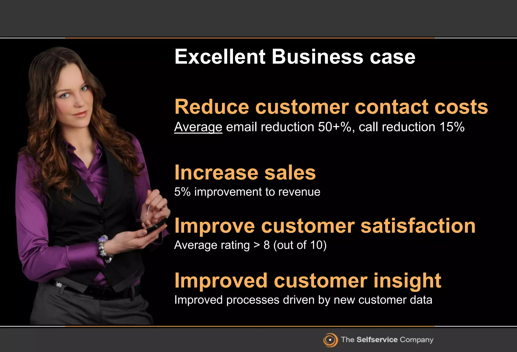 Excellent Business case
Reduce customer contact costs
Average email reduction 50+%, call reduction 15%
Increase sales
5% improvement to revenue
Improve customer satisfaction
Average rating > 8 (out of 10)
Improved customer insight
Improved processes driven by new customer data
 
