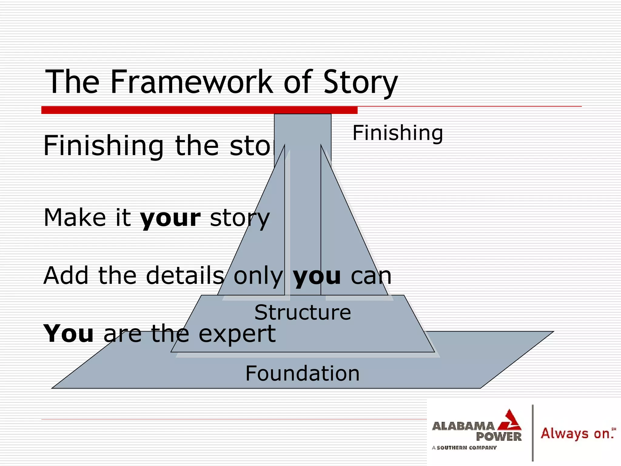 The Framework of Story Finishing the story Foundation Structure Finishing Make it  your  story Add the details only  you  can You  are the expert 