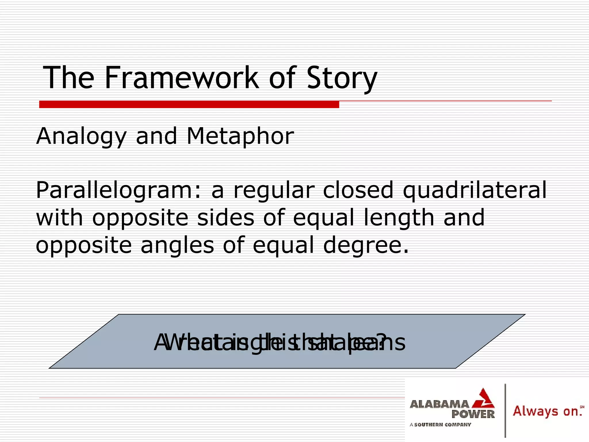 The Framework of Story Parallelogram: a regular closed quadrilateral with opposite sides of equal length and opposite angles of equal degree. Analogy and Metaphor What is this shape? Parallelogram: A rectangle that leans 