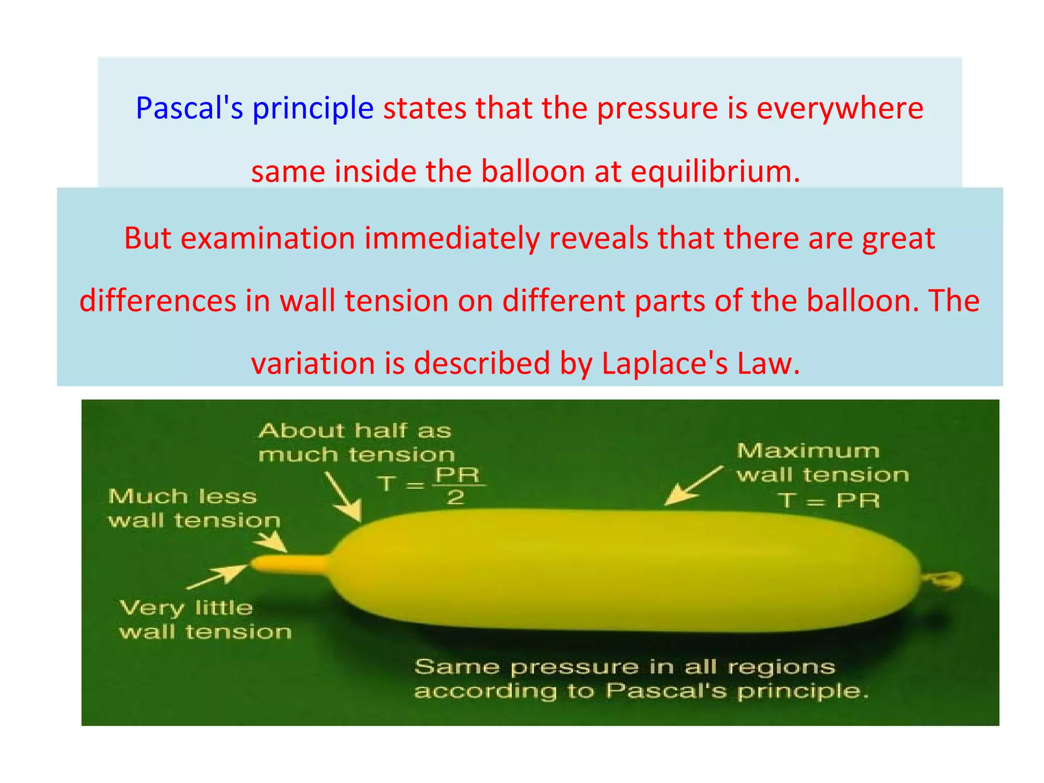 Pascal's principle states that the pressure is everywhere
same inside the balloon at equilibrium.
But examination immediately reveals that there are great
differences in wall tension on different parts of the balloon. The
variation is described by Laplace's Law.
 