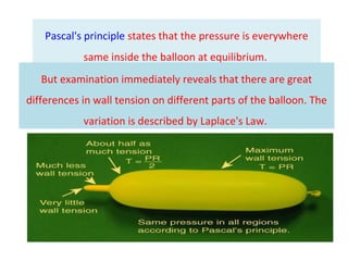 Pascal's principle states that the pressure is everywhere
same inside the balloon at equilibrium.
But examination immediately reveals that there are great
differences in wall tension on different parts of the balloon. The
variation is described by Laplace's Law.
 