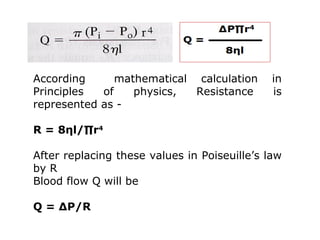 According mathematical calculation in
Principles of physics, Resistance is
represented as -
R = 8ηl/∏r4
After replacing these values in Poiseuille’s law
by R
Blood flow Q will be
Q = ∆P/R
 