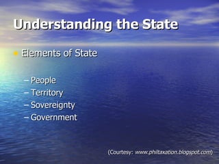 Understanding the State Elements of State People Territory Sovereignty Government (Courtesy:  www.philtaxation.blogspot.com ) 