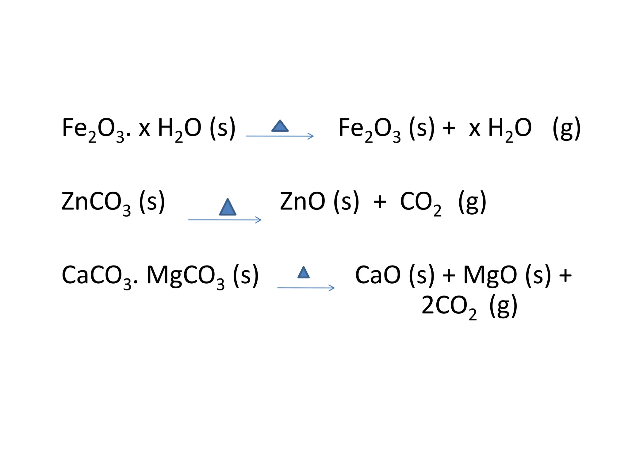 Fe2O3. x H2O (s) Fe2O3 (s) + x H2O (g)
ZnCO3 (s) ZnO (s) + CO2 (g)
CaCO3. MgCO3 (s) CaO (s) + MgO (s) +
2CO2 (g)
 
