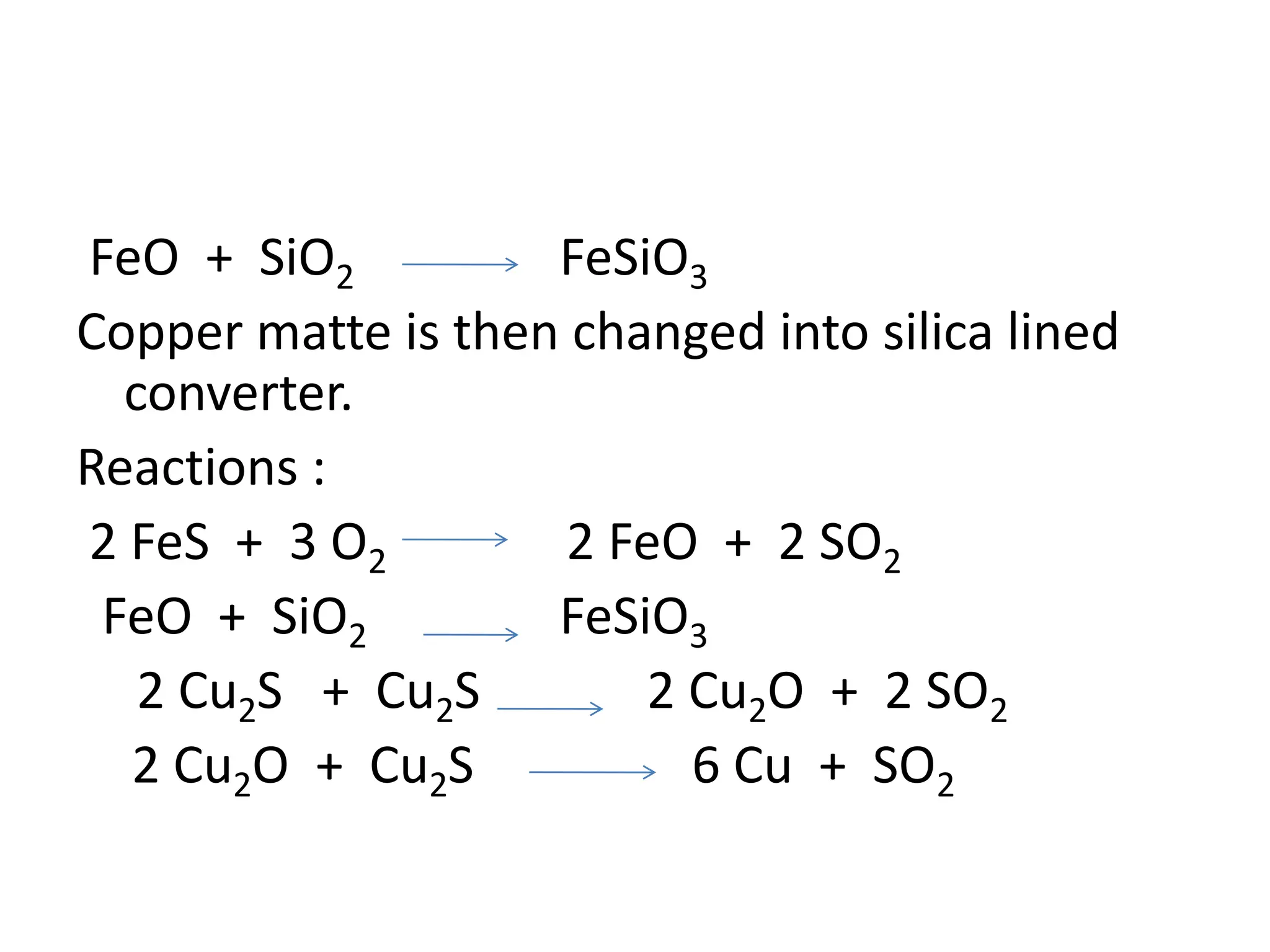 FeO + SiO2 FeSiO3
Copper matte is then changed into silica lined
converter.
Reactions :
2 FeS + 3 O2 2 FeO + 2 SO2
FeO + SiO2 FeSiO3
2 Cu2S + Cu2S 2 Cu2O + 2 SO2
2 Cu2O + Cu2S 6 Cu + SO2
 