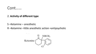 Cont……
2. Activity of different type
S –Ketamine – anesthetic
R –Ketamine –little anesthetic action +antipsychotic
 