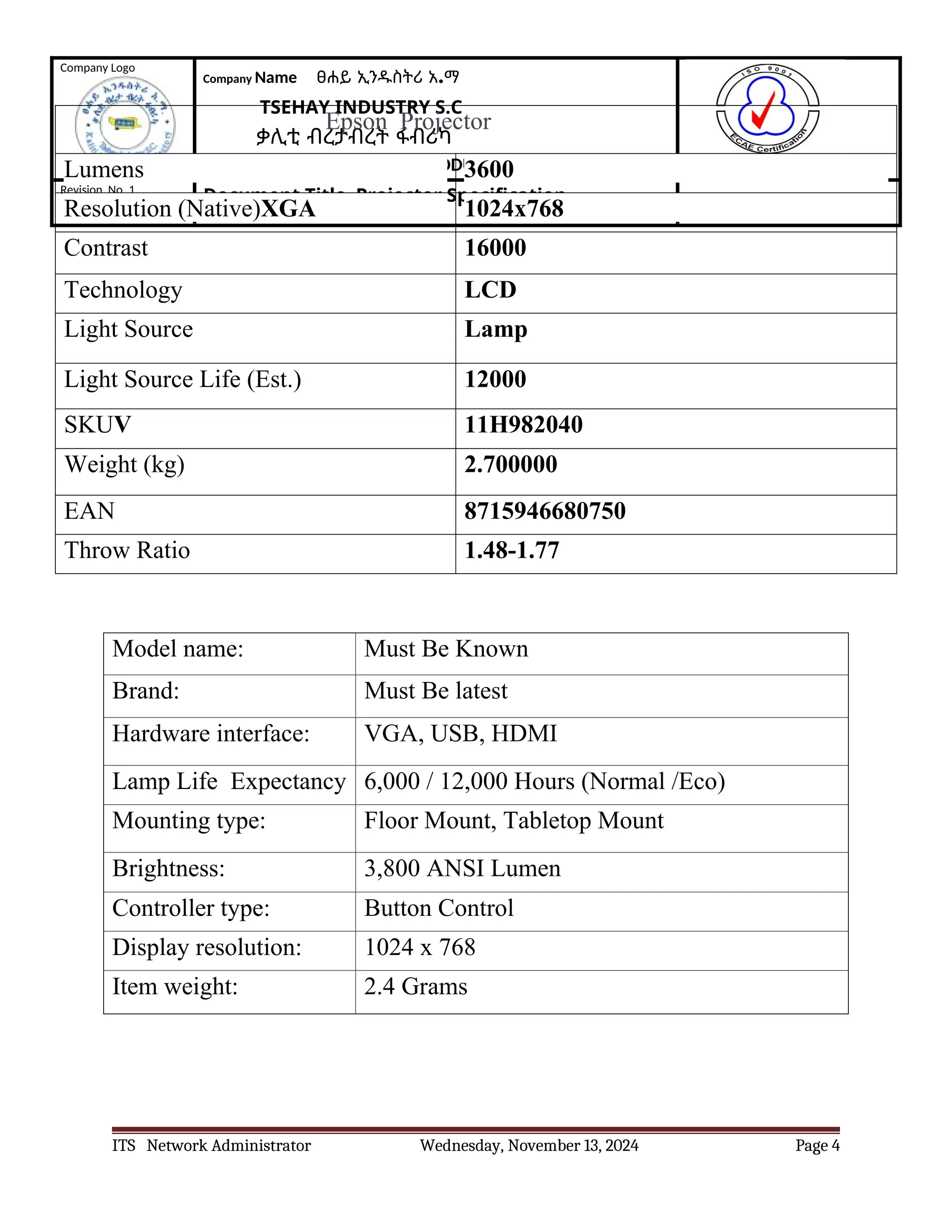 General Projector Technical Specifications | DOCX