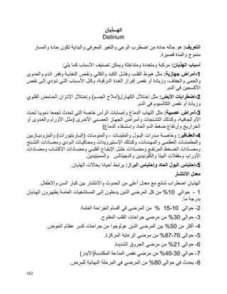 162
‫الهـــذيان‬
Delirium
:‫التعريف‬‫هو‬‫حاله‬‫والمسار‬ ‫حادة‬ ‫تكون‬ ‫والبداية‬ ‫المعرفي‬ ‫والتغير‬ ‫الوعي‬ ‫اضطرب‬ ‫من‬ ‫حادة‬
.‫قصيرة‬ ‫والمدة‬ ‫متموج‬
‫أ‬‫الهذيان‬ ‫سباب‬:‫ومتداخلة‬ ‫ومتعددة‬ ‫مركبة‬‫األ‬ ‫تصنيف‬ ‫ويمكن‬:‫يلي‬ ‫كما‬ ‫سباب‬
1-‫أ‬:‫جهازية‬ ‫مراض‬‫التغ‬ ‫ونقبص‬ ‫والكلبي‬ ‫الكببد‬ ‫وفشبل‬ ‫القلبب‬ ‫هبوط‬ ‫مثل‬‫ذ‬‫والعبدو‬ ‫البدم‬ ‫وفقبر‬ ‫يبة‬‫ى‬
‫والحم‬‫ى‬‫أو‬ ‫وزيادة‬ ،‫والجفاف‬‫نقص‬‫إ‬‫األ‬ ‫وكبل‬ ،‫الدرقيبة‬ ‫الغبدة‬ ‫فبراز‬‫نقبص‬ ‫إلبى‬ ‫تبؤدي‬ ‫التبي‬ ‫سبباب‬
‫األ‬.‫الدم‬ ‫في‬ ‫كسجين‬
2-:‫اآليض‬ ‫اضطرابات‬‫مثل‬‫إ‬‫و‬ )‫الجسبم‬ ‫الكهبارل(أمالح‬ ‫خبتالل‬‫إ‬‫اإل‬ ‫خبتالل‬‫القلبوي‬ ‫الحبامض‬ ‫تبزان‬
‫أو‬ ‫وزيادة‬‫الدم‬ ‫في‬ ‫الكالسيوم‬ ‫نقص‬.
3-‫أ‬:‫عصبية‬ ‫مراض‬‫و‬ ‫الدماغ‬ ‫التهاب‬ ‫مثل‬‫إ‬‫دم‬ ‫تجمعا‬ ‫تحدث‬ ‫التي‬ ‫خاصة‬ ‫الرأس‬ ‫صابات‬‫تحبت‬ ‫ويبا‬
‫وكبذلك‬ ،‫الجافيبة‬ ‫األم‬‫أو‬ ‫والعبدوى‬ ‫األورام‬ ‫(مثبل‬ ‫األخبرى‬ ‫العصببي‬ ‫الجهباز‬ ‫وأمبراض‬ ‫التشبنجات‬
)‫الدماغ‬ ‫وإستسقاء‬ ‫الحاد‬ ‫الدم‬ ‫ضغط‬ ‫وإرتفاع‬ ‫الخراريج‬
4-:‫ااقير‬‫ا‬‫العق‬‫بازبين‬‫ب‬‫والبنزودي‬ )‫باربتيورات‬‫ب‬‫(الب‬ ‫بات‬‫ب‬‫والمنوم‬ ، ‫بات‬‫ب‬‫والملين‬ ‫بول‬‫ب‬‫الب‬ ‫بدرات‬‫ب‬‫م‬ ‫بة‬‫ب‬‫وخاص‬
‫ب‬‫ب‬‫العظم‬ ‫بات‬‫ب‬‫والمطمئن‬‫ى‬‫بنج‬‫ب‬‫التش‬ ‫بادات‬‫ب‬‫ومض‬ ‫بودي‬‫ب‬‫ال‬ ‫بات‬‫ب‬‫ومحاكي‬ ‫بتيرويدات‬‫ب‬‫اإلس‬ ‫بذلك‬‫ب‬‫وك‬ ،‫بدئات‬‫ب‬‫والمه‬
‫بادات‬‫ب‬‫ومض‬ ‫باب‬‫ب‬‫االكتئ‬ ‫بادات‬‫ب‬‫ومض‬ ‫بي‬‫ب‬‫القلب‬ ‫باع‬‫ب‬‫اإليق‬ ‫بل‬‫ب‬‫خل‬ ‫بادات‬‫ب‬‫ومض‬ ‫بع‬‫ب‬‫المرتف‬ ‫بغط‬‫ب‬‫الض‬ ‫بادات‬‫ب‬‫ومض‬
‫والدجيتالس‬ ‫والكلونيدين‬ ‫البيتا‬ ‫ومقفالت‬ ،‫األورام‬‫والسميتيدين‬.
5-‫إ‬‫و‬ ‫الحاد‬ ‫البول‬ ‫حتباس‬‫إ‬:‫البراز‬ ‫حتباس‬‫بحاالت‬ ‫أحيانا‬ ‫يرتبط‬‫الهذيان‬.
‫األنتشار‬ ‫معدل‬
.‫واالطفال‬ ‫السن‬ ‫كبار‬ ‫بين‬ ‫واالنتشار‬ ‫الحدوث‬ ‫من‬ ‫أعلي‬ ‫معدل‬ ‫مع‬ ‫شائع‬ ‫اضطراب‬ ‫الهذيان‬
- 1‫حوالي‬10‫المرض‬ ‫كل‬ ‫من‬ %‫ى‬‫الهبذيان‬ ‫يظهبرون‬ ‫العامبة‬ ‫المستشبفيات‬ ‫إلبى‬ ‫يدخلون‬ ‫الذين‬
.‫ما‬ ‫بدرجة‬
2-‫حوالي‬10-15‫المرض‬ ‫من‬ %‫ى‬‫في‬‫أ‬.‫العامة‬ ‫الجراحة‬ ‫قسام‬
3-‫حوالي‬30.‫المفتوح‬ ‫القلب‬ ‫جراحات‬ ‫مرضي‬ ‫من‬ %
4-‫من‬ ‫أكثر‬50.‫الحوض‬ ‫عظام‬ ‫كسر‬ ‫جراحات‬ ‫من‬ ‫عولوجوا‬ ‫الذين‬ ‫المرضى‬ ‫بين‬ %
5-‫حوالي‬70-87.‫المركزة‬ ‫الرعاية‬ ‫مرضي‬ ‫من‬ %
6-‫حوالي‬21.‫الشديدة‬ ‫الحروق‬ ‫مرضي‬ ‫من‬ %
7-‫حوالي‬30-40)‫المكتسبة(األيدز‬ ‫المناعة‬ ‫نقص‬ ‫مرضي‬ ‫من‬ %
8-‫حوالي‬ ‫في‬ ‫يحدث‬80‫ا‬ ‫من‬ %.‫للمرض‬ ‫النهائية‬ ‫المرحلة‬ ‫في‬ ‫لمرضي‬
 