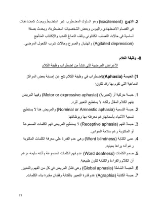 21
2.‫التهيج‬(Excitement)‫وهو‬‫كمضاعفات‬ ‫ويحدث‬ ‫المنضبط‬ ‫غير‬ ‫المضطرب‬ ‫السلوك‬
‫والهوس‬ ‫االضطهادي‬ ‫الفصام‬ ‫في‬‫المضطربة‬ ‫الشخصيات‬ ‫وبعض‬،‫بصفة‬ ‫ويحدث‬
‫أ‬‫المتأجج‬ ‫واإلكتئاب‬ ‫الشديد‬ ‫الدماغ‬ ‫وتلف‬ ‫الكتاتوني‬ ‫التصلب‬ ‫حاالت‬ ‫في‬ ‫ساسية‬
(Agitated depression)‫المرضي‬ ‫الكحول‬ ‫شرب‬ ‫وحاالت‬ ‫والصرع‬ ‫والهذيان‬.
8-‫الكالم‬ ‫وظيفة‬
‫الكالم‬ ‫وظيفة‬ ‫إضطراب‬ ‫من‬ ‫تنشأ‬ ‫التي‬ ‫المرضية‬ ‫األعراض‬
1‫الحبسة‬ )(Aphasia):‫عن‬ ‫نتج‬ ‫الكالم‬ ‫وظيفة‬ ‫في‬ ‫إضطراب‬‫إ‬‫المراكز‬ ‫بعض‬ ‫صابة‬
‫تكون‬ ‫وقد‬ ‫بها‬ ‫تقوم‬ ‫التي‬ ‫الدماغية‬:
1.‫أو‬ ‫حركية‬ ‫حبسة‬)‫(تعبيرية‬(Motor or expressive aphasia)‫المريض‬ ‫وفيها‬
‫للرد‬ ‫التعبير‬ ‫يستطيع‬ ‫ال‬ ‫ولكنه‬ ‫المقال‬ ‫الكالم‬ ‫يفهم‬.
2.‫التسمية‬ ‫حبسة‬(Nominal or Amnestic aphasia)‫والمريض‬‫يستطيع‬ ‫ال‬ ‫هنا‬
‫األ‬ ‫تسمية‬‫بأسمائهارغم‬ ‫شياء‬‫م‬‫وبوظائفها‬ ‫بها‬ ‫عرفته‬.
3.‫الفهم‬ ‫حبسة‬(Receptive aphasia)‫المسموعة‬ ‫الكلمات‬ ‫فهم‬ ‫المريض‬ ‫يستطيع‬ ‫ال‬
‫أ‬‫و‬‫المكتوبة‬.‫الحواس‬ ‫سالمة‬ ‫رغم‬
4.‫عم‬‫ى‬‫الكتابة‬(Word blindness)‫المكتوبة‬ ‫الكلمات‬ ‫معرفة‬ ‫علي‬ ‫القدرة‬ ‫عدم‬ ‫وهي‬
.‫بعينيه‬ ‫يراها‬ ‫أنه‬ ‫رغم‬
5.‫صم‬‫الكلمات‬ ‫م‬(Word deafness)‫الك‬ ‫فهم‬ ‫عدم‬‫ل‬‫المسموعة‬ ‫مات‬، ‫سليمه‬ ‫وأذنه‬‫رغم‬
‫أ‬‫طبيعية‬ ‫تكون‬ ‫والكتابة‬ ‫والقراءة‬ ‫الكالم‬ ‫ن‬.
6.‫الشاملة‬ ‫الحبسة‬(Global aphasia)‫والتعبير‬ ‫الفهم‬ ‫من‬ ‫كل‬ ‫في‬ ‫المريض‬ ‫فشل‬ ‫وهي‬.
7.‫الكتابة‬ ‫حبسة‬(Agraphia).‫الكلمات‬ ‫بناء‬ ‫مقدرة‬ ‫وفقدان‬ ‫بالكتابة‬ ‫التعبير‬ ‫قدرة‬ ‫عدم‬
 