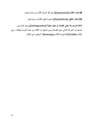 23
9‫الكالم‬ ‫نشاز‬ )(Dysprosody).‫نغمته‬ ‫حيث‬ ‫من‬ ‫الكالم‬ ‫إتساق‬ ‫فقد‬ ‫وهو‬
10‫النطق‬ ‫تعثر‬ )(Dysartheria).‫وإخراجها‬ ‫الكلمات‬ ‫نطق‬ ‫صعوبة‬
11‫معينة‬ ‫جمل‬ ‫أو‬ ‫لكلمات‬ ‫معنى‬ ‫بال‬ ‫الترديد‬ )(Verbigeration)‫بين‬ ‫تشابه‬ ‫ويوجد‬
‫فهناك‬ ‫الترديد‬ ‫حيث‬ ‫من‬ ‫الكالم‬ ‫اضطراب‬ ‫وبين‬ )‫تفصله‬ ‫سبق‬ ‫(الذي‬ ‫الحركة‬ ‫اضطراب‬:‫رجع‬
‫الكالم‬Echolalia،‫الكالم‬ ‫أسلوبية‬Stereotypy،‫الكالم‬ ‫في‬ ‫الوظوب‬
 