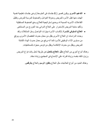 28
‫األسرى‬ ‫التدعيم‬( ‫قصير‬ ‫ويكون‬6‫نفسية‬ ‫تعليمية‬ ‫جلسات‬ ‫وهى‬ ) ‫المتوسط‬ ‫فى‬ ‫جلسات‬
‫وتقليل‬ ‫للمرض‬ ‫المرسبة‬ ‫والضغوط‬ ‫العوامل‬ ‫ومعرفة‬ ‫للمريض‬ ‫األسره‬ ‫تقبل‬ ‫منها‬ ‫الهدف‬
‫المستق‬ ‫الضغوط‬ ‫ومنع‬ ‫للعالج‬ ‫إستراتيجية‬ ‫ووضع‬ ‫له‬ ‫المسببة‬ ‫األسريه‬ ‫التفاعالت‬‫بلية‬
‫المستشفى‬ ‫من‬ ‫الخروج‬ ‫بعد‬ ‫الدوائي‬ ‫العالج‬ ‫على‬ ‫لإلستمرار‬ ‫المريض‬ ‫حاجة‬ ‫وتأكيد‬
: ‫لإلسرة‬ ‫السلوكي‬ ‫العالج‬‫ولقد‬ ‫المشكالت‬ ‫وحل‬ ‫التواصل‬ ‫مهارات‬ ‫األسرة‬ ‫إلكساب‬
‫ويرفع‬ ‫األسرى‬ ‫الغنفصال‬ ‫حدوث‬ ‫معدل‬ ‫من‬ ‫يقلل‬ ‫األسرى‬ ‫العالج‬ ‫ان‬ ‫الدراسات‬ ‫وجدت‬
‫أنه‬ ‫كما‬ ‫لألسرة‬ ‫الوظيفى‬ ‫األداء‬ ‫مستوى‬ ‫من‬‫الكاملة‬ ‫الهدأه‬ ‫حدوث‬ ‫معدل‬ ‫من‬ ‫يرفع‬
.‫بالمستشفيات‬ ‫حجزة‬ ‫فرص‬ ‫من‬ ‫ويقلل‬ ‫اإلنتكاسة‬ ‫حدوث‬ ‫من‬ ‫ويقلل‬ ‫للمريض‬
‫أخري‬ ‫أنواع‬ ‫وهناك‬‫العالج‬ ‫من‬‫مثل‬::‫بالعمل‬ ‫العالج‬‫المريض‬ ‫فراغ‬ ‫وقت‬ ‫شغل‬ ‫طريقة‬ ‫عن‬
.‫دخله‬ ‫وزيادة‬ ‫المجتمع‬ ‫فى‬ ‫اإلندماج‬ ‫على‬ ‫قدرته‬ ‫وزيادة‬ ‫بنفسه‬ ‫ثقته‬ ‫وزيارة‬
‫من‬ ‫العديد‬ ‫وهناك‬‫أنواع‬‫العالج‬ ‫مثل‬ ‫العالجات‬‫الرسم‬ :‫بالفن‬‫والعالج‬‫بالرقص‬.
 