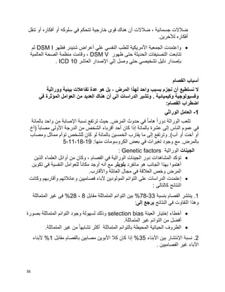 36
‫جسماني‬ ‫ضالالت‬‫تنقل‬ ‫أو‬ ‫أفكاره‬ ‫أو‬ ‫سلوكه‬ ‫في‬ ‫تتحكم‬ ‫خارجية‬ ‫قوى‬ ‫هناك‬ ‫أن‬ ‫ضالالت‬ ، ‫ة‬
.‫لألخرين‬ ‫أفكاره‬
‫فظهر‬ ‫شنيدر‬ ‫أعراض‬ ‫علي‬ ‫النفسي‬ ‫للطب‬ ‫األمريكية‬ ‫الجمعية‬ ‫واعتمدت‬DSM I‫ثم‬
‫ظهور‬ ‫حتى‬ ‫الحديثة‬ ‫التصنيفات‬ ‫تتابعت‬DSM V‫العالمية‬ ‫الصحة‬ ‫منظمة‬ ‫وقامت‬ ،
‫اإلصدار‬ ‫إلي‬ ‫وصل‬ ‫حتي‬ ‫تشخيصي‬ ‫دليل‬ ‫بإصدار‬‫العاشر‬ICD 10.
‫الفصام‬ ‫أسباب‬
‫ووراثية‬ ‫بيئية‬ ‫تفاعالت‬ ‫عدة‬ ‫هو‬ ‫بل‬ ، ‫المرض‬ ‫لهذا‬ ‫واحد‬ ‫بسبب‬ ‫نجزم‬ ‫أن‬ ‫نستطيع‬ ‫ال‬
‫في‬ ‫المؤثرة‬ ‫العوامل‬ ‫من‬ ‫العديد‬ ‫هناك‬ ‫أن‬ ‫الي‬ ‫الدراسات‬ ‫وتشير‬ . ‫وكيميائية‬ ‫وفسيولوجية‬
:‫الفصام‬ ‫اضطراب‬
1-‫الوراثي‬ ‫العامل‬
‫حدوث‬ ‫في‬ ‫ا‬‫ا‬‫هام‬ ‫ا‬‫ا‬‫دور‬ ‫الوراثة‬ ‫تلعب‬‫بالمائة‬ ‫واحد‬ ‫من‬ ‫اإلصابة‬ ‫نسبة‬ ‫ترتفع‬ ‫حيث‬ .‫المرض‬
‫(أخ‬ ‫ا‬‫ا‬‫مصاب‬ ‫األولى‬ ‫الدرجة‬ ‫من‬ ‫الشخص‬ ‫أقرباء‬ ‫أحد‬ ‫كان‬ ‫إذا‬ ‫بالمائة‬ ‫عشرة‬ ‫إلى‬ ‫الناس‬ ‫عموم‬ ‫في‬
‫ومصاب‬ ‫مماثل‬ ‫توأم‬ ‫للشخص‬ ‫كان‬ ‫لو‬ ‫بالمائة‬ ‫الخمسين‬ ‫يقارب‬ ‫ما‬ ‫إلى‬ ‫وترتفع‬ .)‫أب‬ ‫أو‬ ‫أخت‬ ‫أو‬
‫منها‬ ‫الكروسومات‬ ‫بعض‬ ‫في‬ ‫تغيرات‬ ‫وجود‬ ‫مع‬ .‫بالمرض‬:5،11،18،19
‫الجينات‬‫الوراثية‬Genetic factors:
‫الفصام‬ ‫في‬ ‫الوراثية‬ ‫الجينات‬ ‫دور‬ ‫المشاهدات‬ ‫تؤكد‬‫الذين‬ ‫العلماء‬ ‫أوائل‬ ‫من‬ ‫وكان‬ ،
‫مانفرد‬ ‫هو‬ ‫الجانب‬ ‫بهذا‬ ‫أهتموا‬‫بلويلر‬‫تكوين‬ ‫في‬ ‫النفسية‬ ‫للعوامل‬ ‫ا‬‫ا‬‫مكان‬ ‫أوجد‬ ‫أنه‬ ‫مع‬
.‫واألقارب‬ ‫العائلة‬ ‫مجال‬ ‫في‬ ‫العالقة‬ ‫وخص‬ ‫المرض‬
‫إعتمدت‬‫وكانت‬ ‫وأقاربهم‬ ‫وعائالتهم‬ ‫فصاميين‬ ‫آلباء‬ ‫المولودين‬ ‫التوائم‬ ‫على‬ ‫الدراسات‬
: ‫كالتالى‬ ‫النتائج‬
1‫بنسبة‬ ‫الفصام‬ ‫ينتشر‬ .33-78‫مقابل‬ ‫المتماثلة‬ ‫التوائم‬ ‫بين‬ %8-28‫المتماثلة‬ ‫غير‬ ‫فى‬ %
‫النتائج‬ ‫في‬ ‫التفاوت‬ ‫وهذا‬‫إلى‬ ‫يرجع‬:
‫العينة‬ ‫إختيار‬ ‫أخطاء‬selection bias‫وجود‬ ‫لسهولة‬ ‫وذلك‬‫بصورة‬ ‫المتماثلة‬ ‫التوائم‬
‫من‬ ‫أفضل‬‫التوائم‬.‫المتماثلة‬ ‫غير‬
.‫المتماثلة‬ ‫غير‬ ‫من‬ ‫ا‬‫ا‬‫تشابه‬ ‫أكثر‬ ‫المتماثلة‬ ‫بالتوائم‬ ‫المحيطة‬ ‫الحياتية‬ ‫الظروف‬
2‫األبناء‬ ‫بين‬ ‫اإلنتشار‬ ‫نسبة‬ .35‫مقابل‬ ‫بالفصام‬ ‫مصابين‬ ‫األبوين‬ ‫كال‬ ‫كان‬ ‫إذا‬ %1‫ألبناء‬ %
. ‫الفصاميين‬ ‫غير‬ ‫اآلباء‬
 