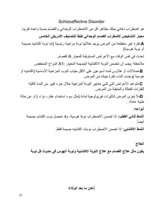 57
Schizoaffective Disorder
‫ذه‬ ‫اضطراب‬ ‫هو‬.‫تقريبا‬ ‫واحدة‬ ‫بنسبة‬ ‫والفصام‬ ‫الوجداني‬ ‫االضطراب‬ ‫من‬ ‫كل‬ ‫مظاهر‬ ‫يملك‬ ‫اني‬
‫الخامس‬ ‫األمريكي‬ ‫للتصنيف‬ ‫طبقا‬ ‫الوجداني‬ ‫الفصام‬ ‫الضطراب‬ ‫التشخيص‬ ‫معيار‬
A-‫فترة‬‫غير‬‫منقطعة‬‫من‬‫المرض‬‫يوجد‬‫خاللها‬‫نوبة‬‫مزاجية‬‫رئيسية‬)‫إما‬‫نوبة‬‫جسيمة‬ ‫اكتئابيه‬
‫أو‬‫نوبة‬)‫هوسية‬
‫تحدث‬‫في‬‫نفس‬‫الوقت‬‫مع‬‫األعراض‬‫المستوفية‬‫للمعيار‬A‫للفصام‬.
‫مالحظة‬:‫يجب‬‫أن‬‫تتضمن‬‫النوبة‬‫االكتئابية‬‫الجسيمة‬‫المعيار‬A1:‫المزاج‬‫المنخفض‬.
B-‫ضالالت‬‫أو‬‫هالوس‬‫لمدة‬‫أسبوعين‬‫على‬‫األقل‬‫بغياب‬‫النوب‬‫المزاجية‬‫األساسية‬)‫اكتئابيه‬‫أو‬
‫هوسية‬(‫وجدت‬‫أثناء‬-‫فترة‬‫حياته‬‫من‬‫المرض‬.
C-‫تتواجد‬‫األعراض‬‫التي‬‫تلبي‬‫معايير‬‫النوبة‬‫المزاجية‬‫خالل‬‫جزء‬‫كبير‬‫من‬‫المدة‬‫الكلية‬
‫للفترات‬‫الفعالة‬‫والمتبقية‬‫من‬‫المرض‬.
D-‫ال‬‫ُعزى‬‫ي‬‫المرض‬‫لتأثيرات‬‫فيزيولوجية‬‫لمادة‬)‫مثل‬‫سوء‬‫استخدام‬،‫عقار‬‫دواء‬(‫أو‬‫عن‬‫حالة‬
‫طبية‬‫عامة‬. -
:‫أنواعه‬
‫النمط‬‫ثنائي‬:‫القطب‬‫إذا‬‫تضمن‬‫االضطراب‬‫نوبة‬،‫هوسية‬‫وقد‬‫تحصل‬‫نوب‬‫اكتئاب‬‫جسيمة‬
‫ا‬‫ا‬‫أيض‬.
‫النمط‬:‫االكتئابي‬‫إذا‬‫تضمن‬‫االضطراب‬‫نوبات‬‫اكتئابيه‬‫جسيمة‬‫فقط‬.
‫العالج‬
‫نوبة‬ ‫كل‬ ‫حدوث‬ ‫في‬ ‫الهوس‬ ‫ونوبة‬ ‫االكتئابية‬ ‫النوبة‬ ‫عالج‬ ‫مع‬ ‫الفصام‬ ‫عالج‬ ‫مثل‬ ‫يكون‬
‫الوالدة‬ ‫بعد‬ ‫ما‬ ‫ذهان‬
 